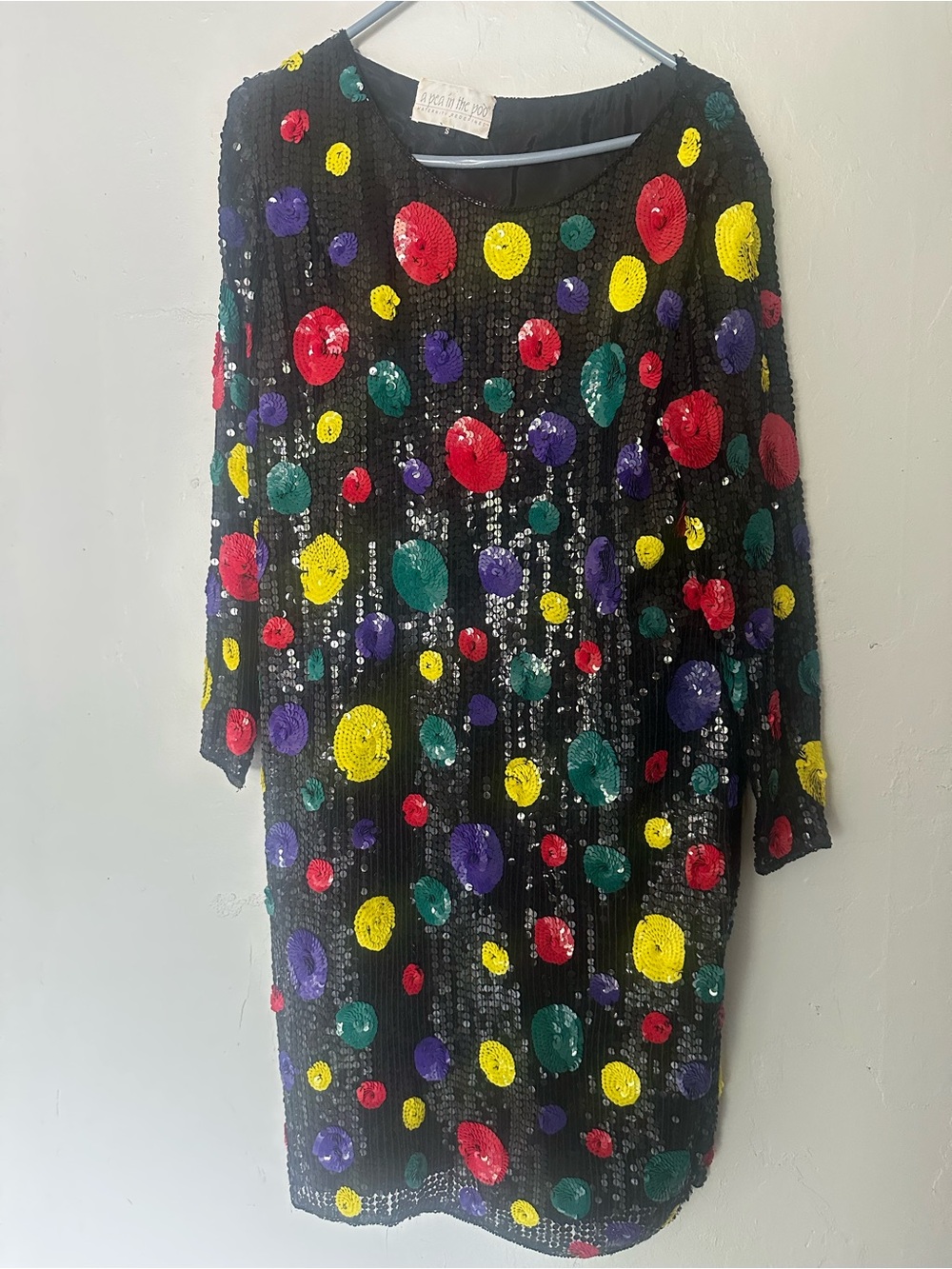 A Pea in the Pod Black Sequin Shift Dress with Multicolor Polka Dots maternity
